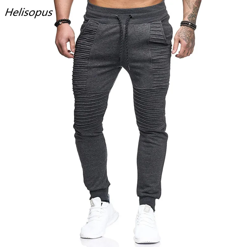Helisopus Men Fashion Brand Joggers Pants Male Casual Pleated Trousers Hip Hop Mens Solid Sweatpants | Мужская одежда