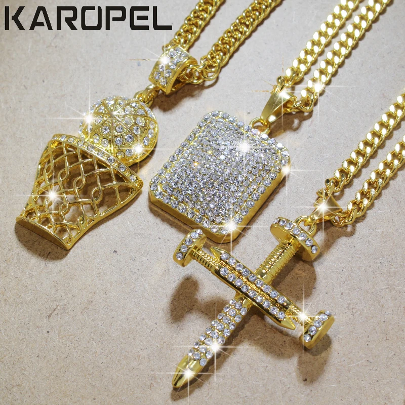 Karopel Iced Out Bling подвеска со стразами фианит Золотой баскетбольный крест ожерелье 24 дюймов звено цепи хип хоп ювелирные изделия