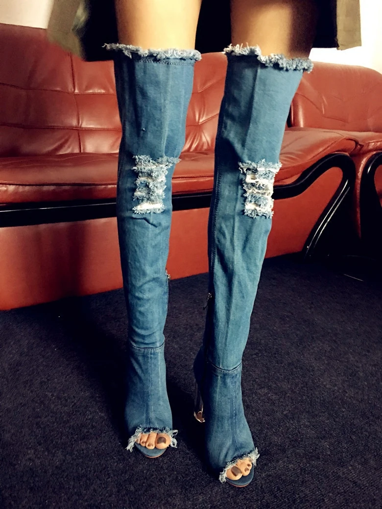 Джинсовые сандалии женские пикантные ковбойские гладиаторы выше колена на