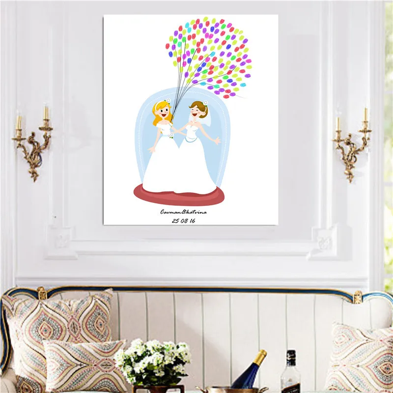 Lesbian Lovers Europe Wedding Engagement Party DIY Free Customized Name Date Fingerprint Canvas Painting Guest Book Anniversary | Дом и сад