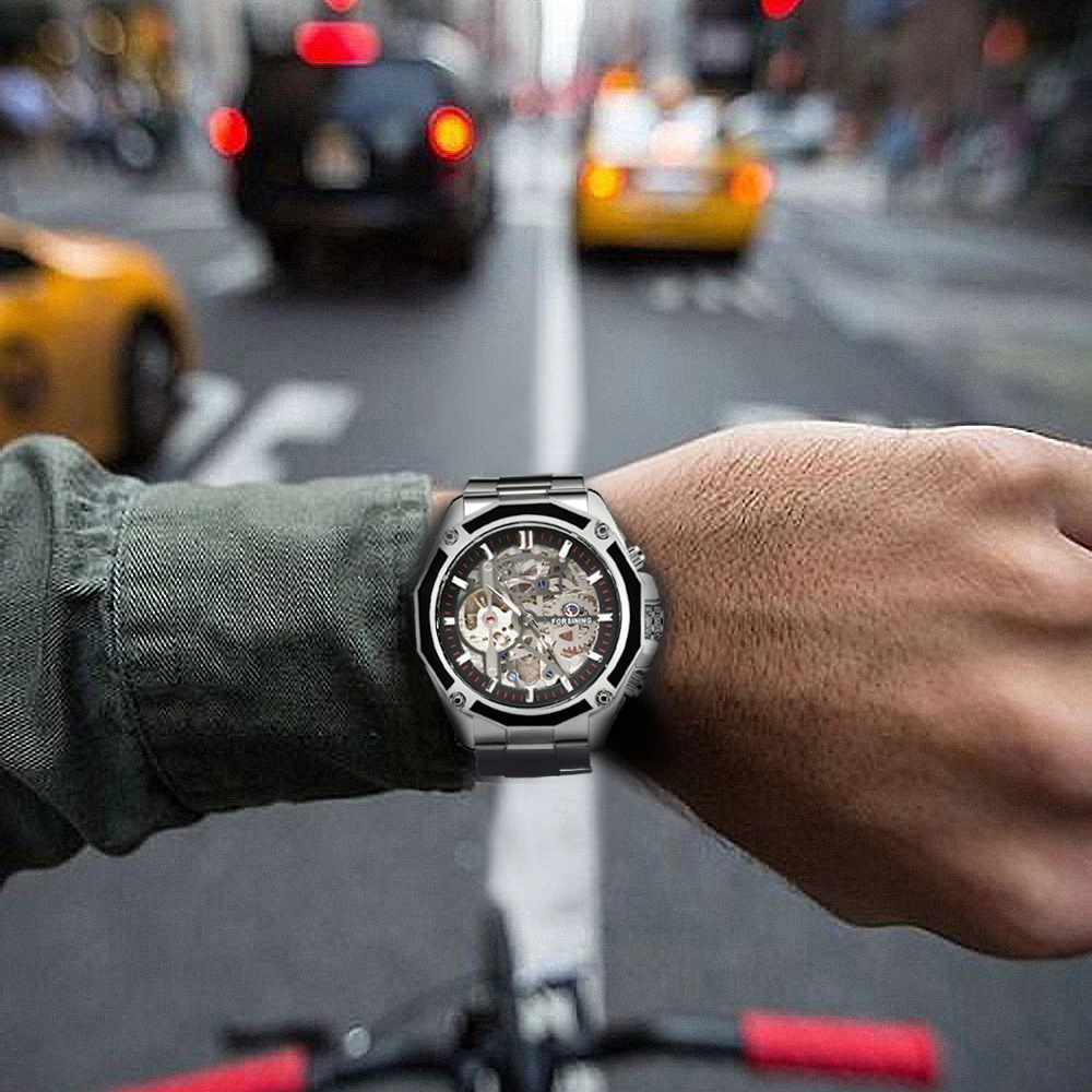 FORSINING стимпанк автоматические механические часы для мужчин из нержавеющей стали