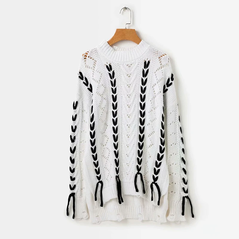 

Lace Up White Pullovers 2018 Autumn Winter Long Split Black Casual Women Jumpers Long Sleeve Loose Sweaters Female Sweater Tops