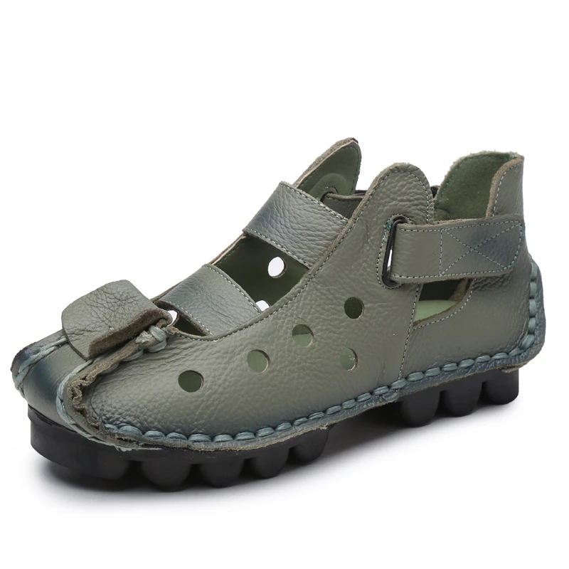 

ZIMNAFRWomen Sandals Flat Handmade Genuine Leather Sandals Soft Bottom Retro Ethnic Comfort Mom Sandals Summer Shoes
