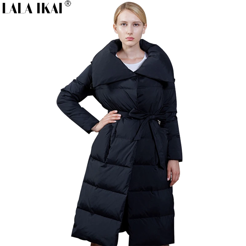 Фото 2018 LALA IKAI Для женщин вниз длинное пальто зима нерегулярные ветровка Куртка с