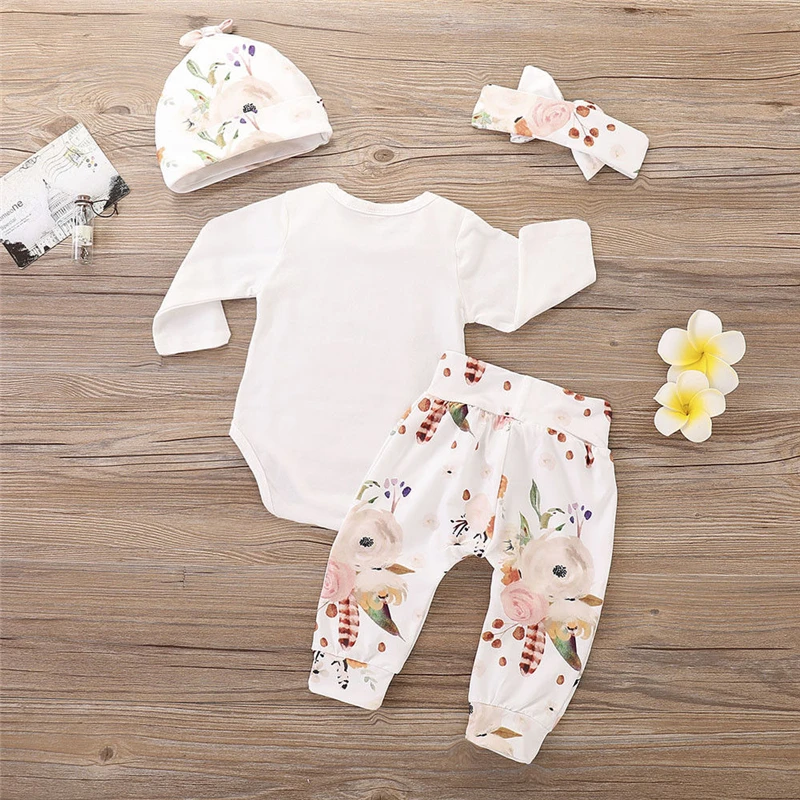 Baby Girl Fall Winter Clothes Set Warm Cotton Little Sister Long Sleeve Romper+Floral Pants+Headband+Hat 4PCS Outfit |