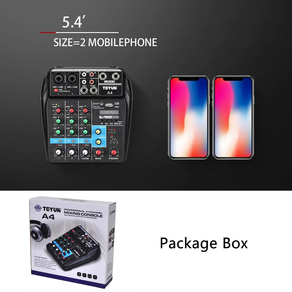Мини аудио микшер A4 с блютуз записью, профессиональным USB и 4 каналами для DJ, караоке, KTV и встреч.