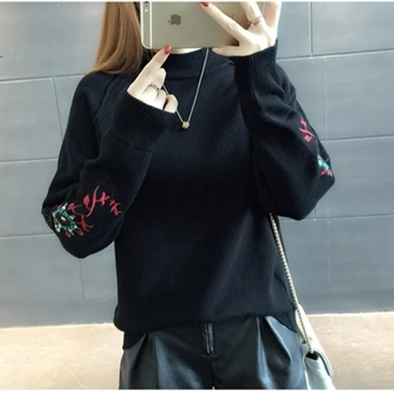 Girl Autumn Winter Plus Size Long Sleeve Knitted Sweater Female Embroidered Half Turtleneck Loose Pullover F280 | Женская одежда
