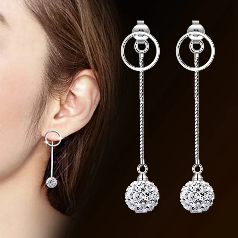 Серьги из серебра ювелирные изделия Кореи пробы с кристаллами длинные женские