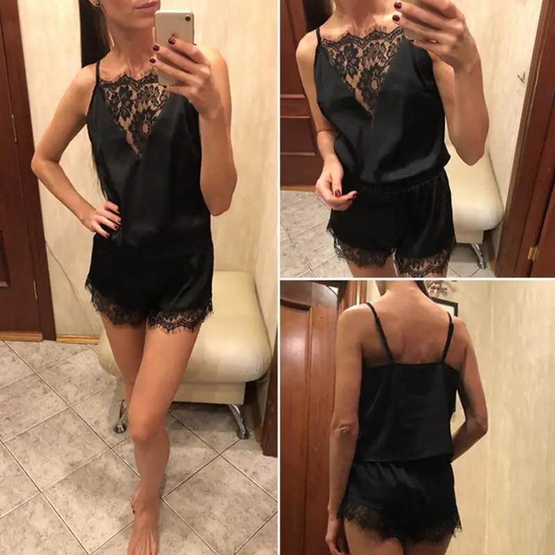 Пикантный женский кружевной Пижамный костюм на бретельках с глубоким V образным