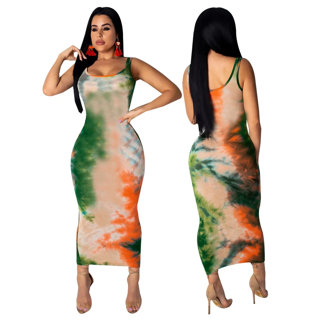 2019 летние женские пляжные Длина по щиколотку без рукавов Bodycon Tie dyed печати Макси