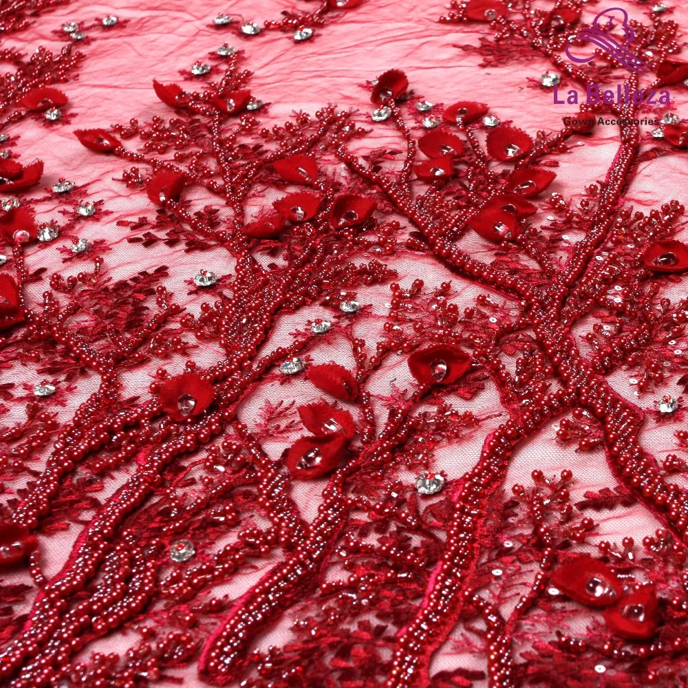 La Belleza handmade beaded crystal ivory 3D flowers evening ddress lace fabric 1 yard SNB3D801