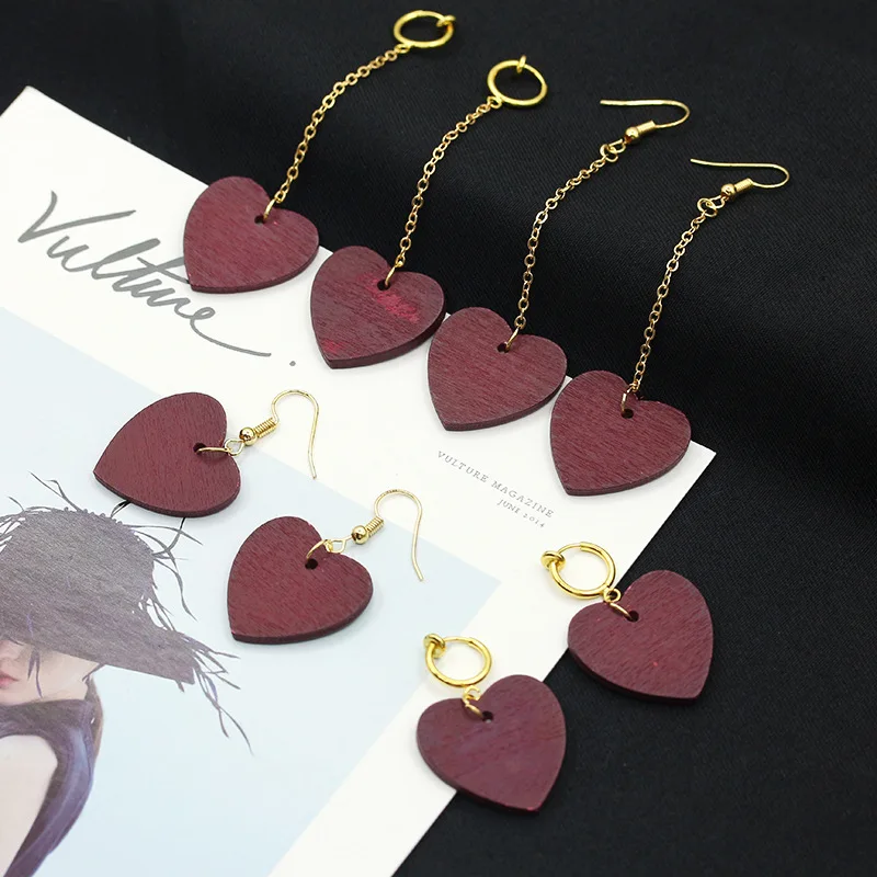Серьги подвески в форме сердца из красного дерева женские серьги Золотая цепочка