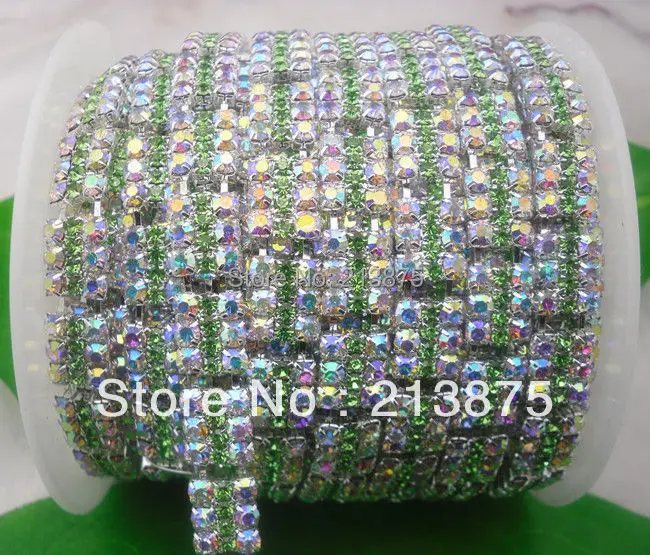 

Free shipping 1yard 3 row Light green + Clear AB glass rhinestone close silver chain claw trim Applique Wedding dresses QIANLU#