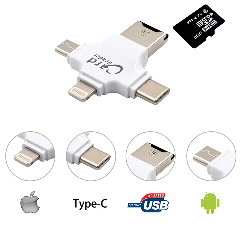 4 в 1 картридер Типа c/Молнии/Micro USB/USB 2.0 Устройство Чтения Карт Памяти Карта Micro Sd