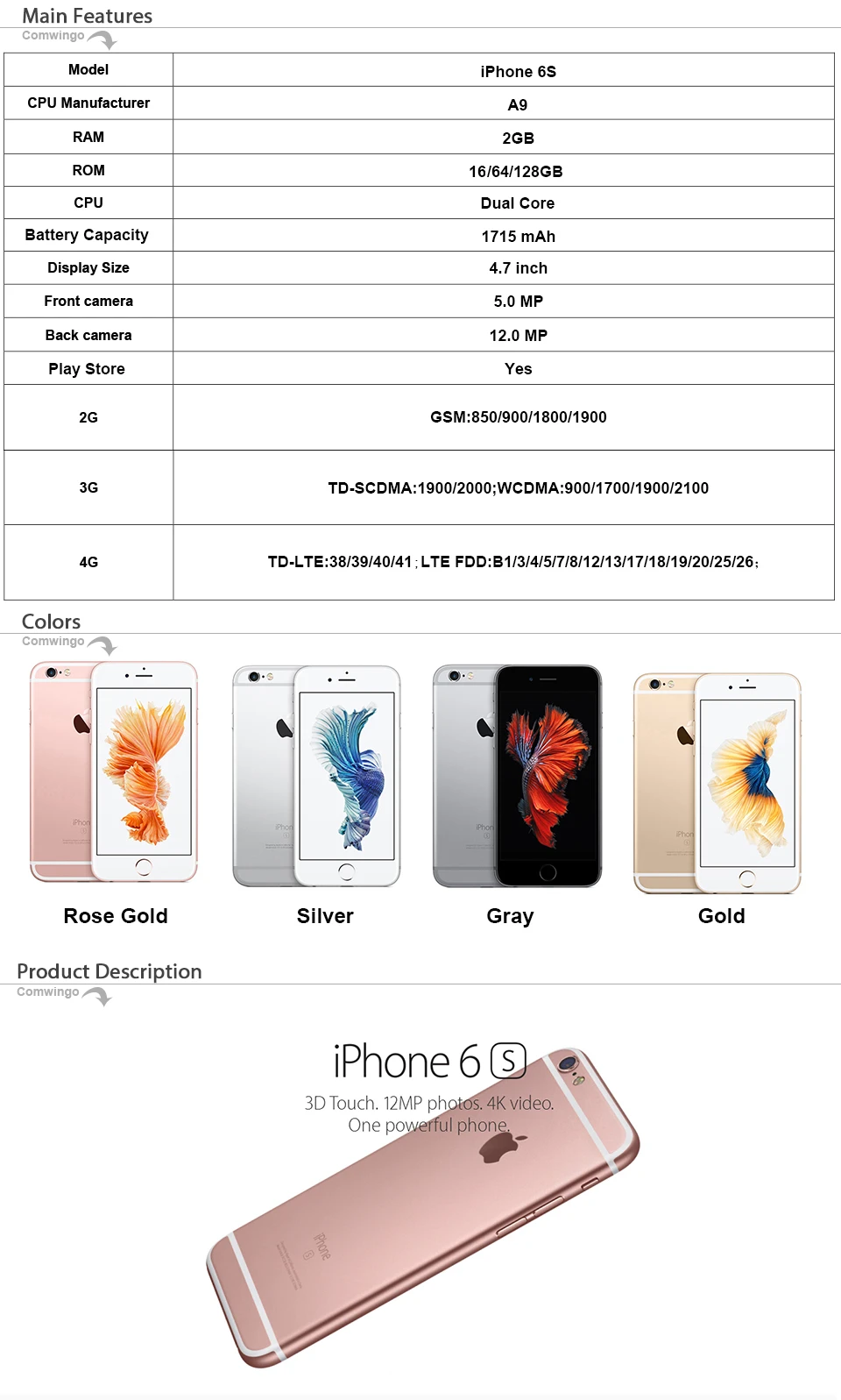 Разблокированный Apple iPhone 6s iOS Двухъядерный 2 Гб ОЗУ 16 Гб 64 Гб 128 Гб ПЗУ 4," 12,0 МП камера 4G LTE iPhone 6s мобильный телефон б/у