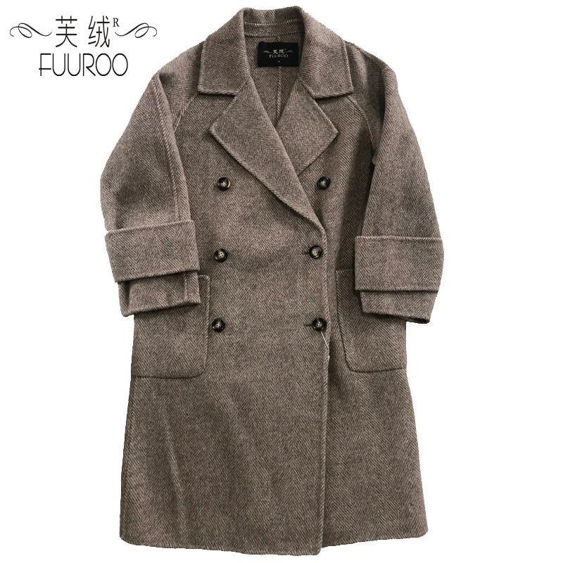 FUUROO женский двубортный шерстяной Тренч двухстороннее кашемировое шерстяное