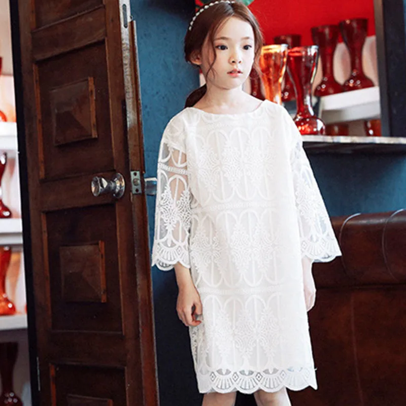 Кружевное платье для девочек лето 2018 хлопок подростков малышей до колена белое
