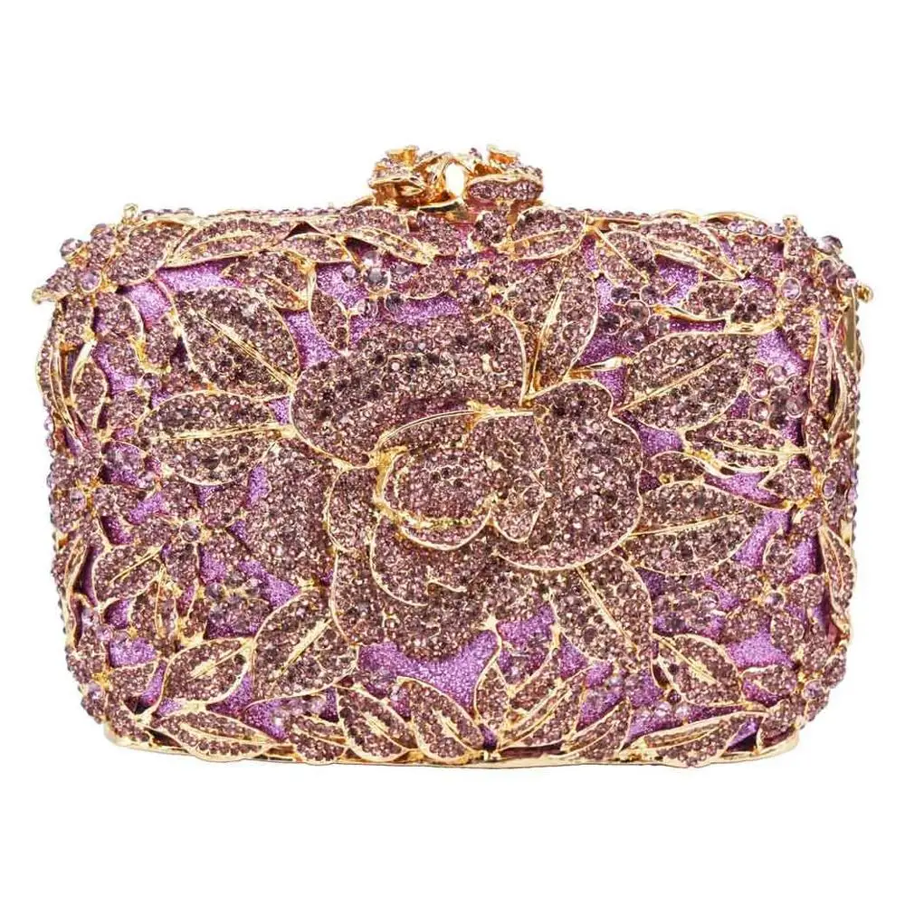 Purple Вечерние сумки-клатчи с серыми цветами, стразы, розовые роскошные свадебные сумки с кристаллами, сумки на плечо SC780 - Цвет: Purple