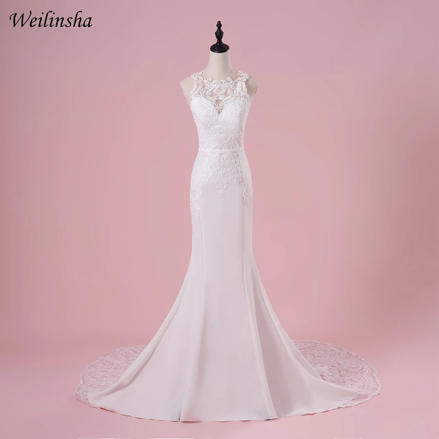 

Weilinsha Classic Mermaid Jersey Wedding Dresses Elegant O-Neck Backless Lace Appliques Sleeveless Bridal Gowns with Court Train