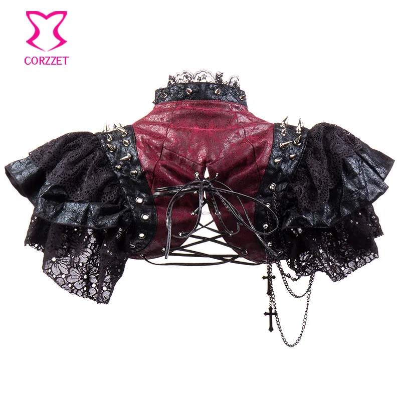 Женская винтажная куртка в стиле стимпанк красная кожаная с кружевными рукавами