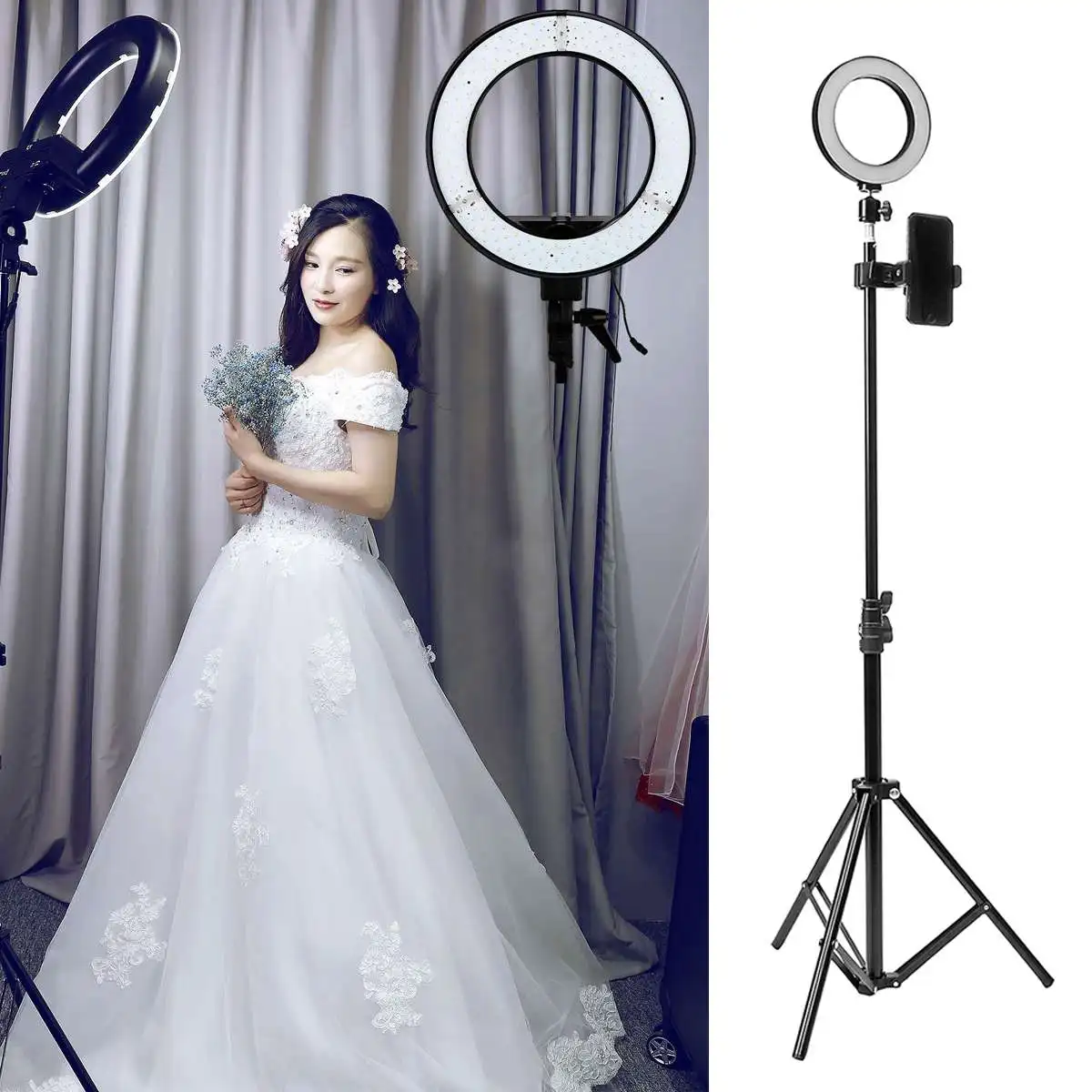 Светодиодный светильник-кольцо с регулируемой яркостью и светильник-подставка, комплект для фото, Селфи, видео, макияж, Многоуровневое использование с держателем для телефона на штативе, 5 Вт, USB порт