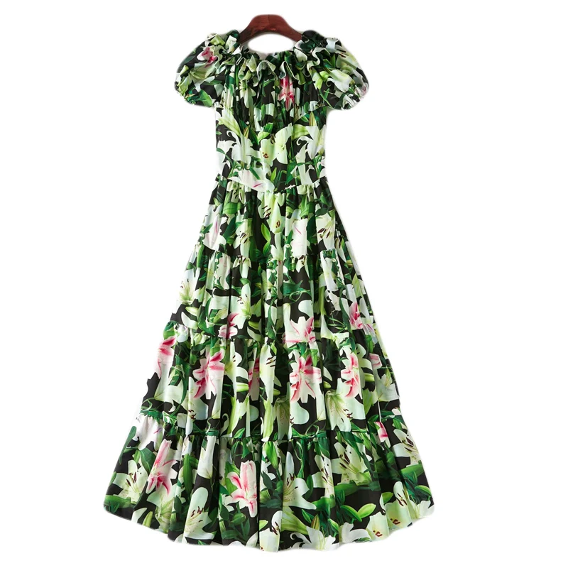 XF Boho Lily Green Flower Print Midi Dress Ruffled Short Sleeve 2019 Summer Leisure Beach Party Holiday Cake Style Elegant | Женская