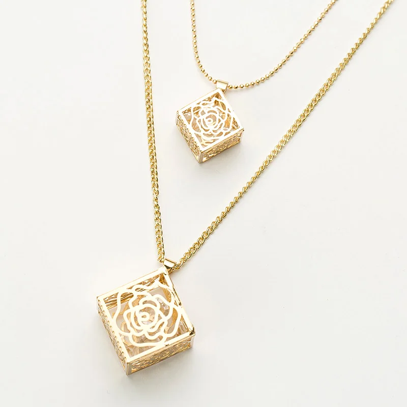 Полый цветок 3D ожерелье с подвесками-кубиками для женщин Золотой Цвет Кристалл