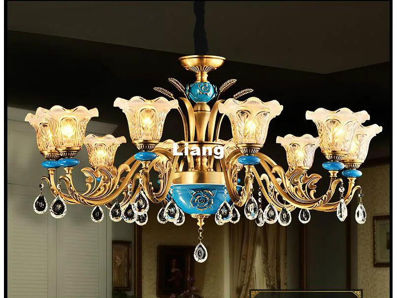 Free Shipping Copper Crystal Chandelier Bronze Blue Ceramic Lamp LED Lustre Suspensions Home Decoration 100% Guaranteed | Лампы и
