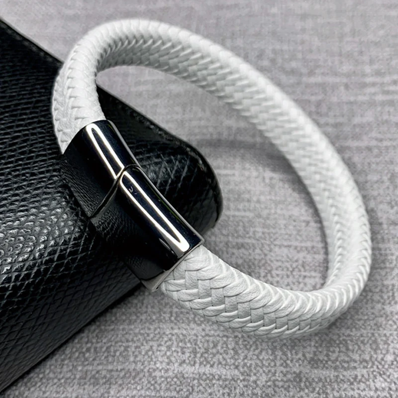 White Men Leather Bracelets Male Braided Wrist Band Fashion Stainless Steel Magnetic Clasp Charm Bangles Jewelry | Украшения и
