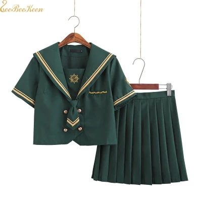 

Girls Dark Green Navy Sailor Suit Japanese School JK Uniform Women Anime Cosplay Costume Adult Collage Student Pleated Skirt