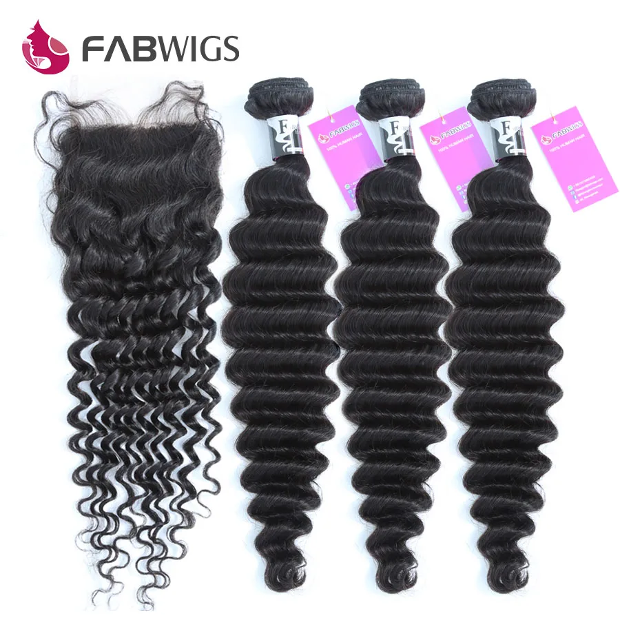 Fabwigs перуанские глубокие пучки волнистых волос с закрытием человеческие волосы