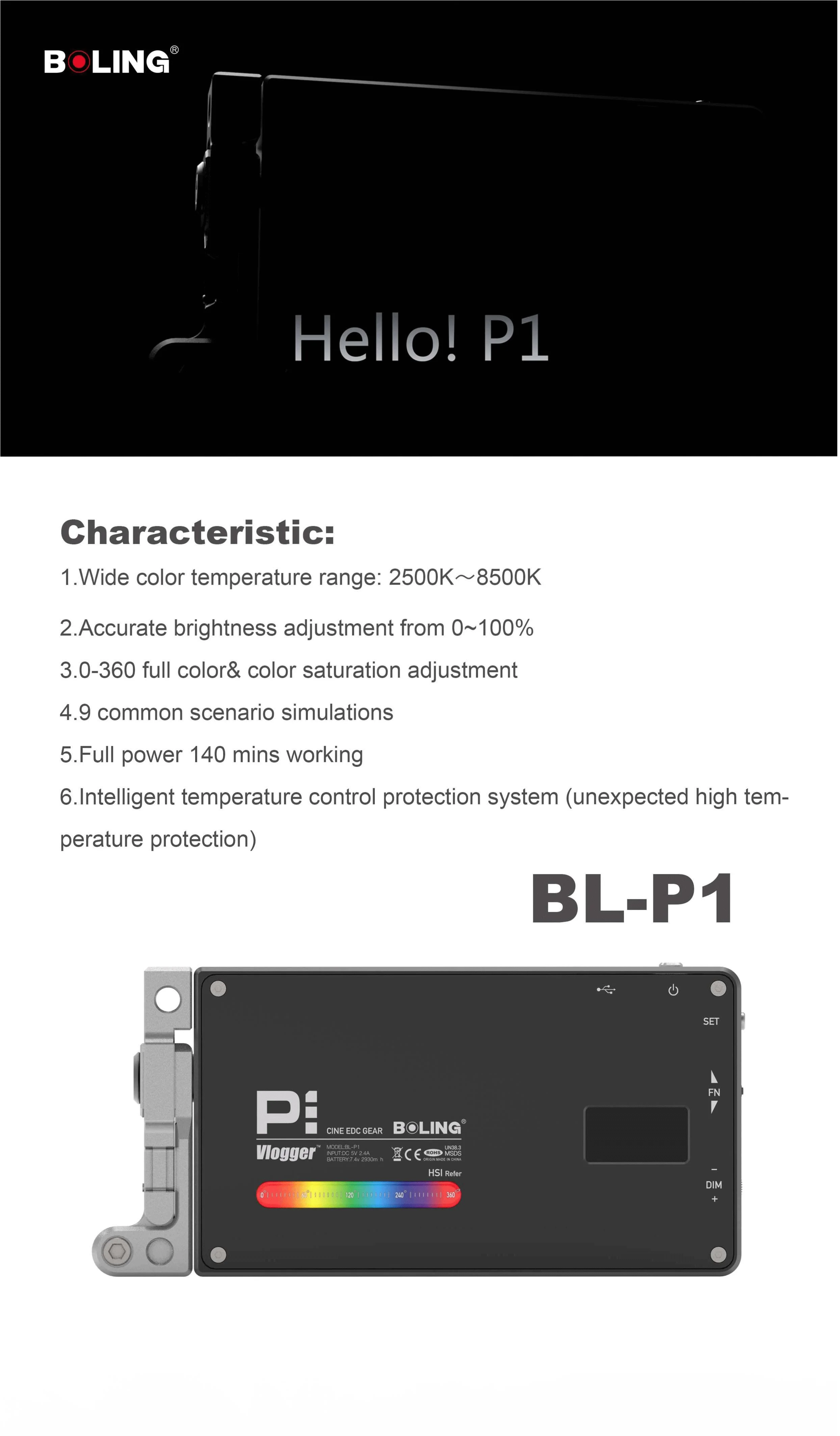 Светодиодный светильник Boling BL P1 RGB Full 0-360 цвет CRI96+ с литиевой батареей 2930 мАч для студийной съемки на открытом воздухе