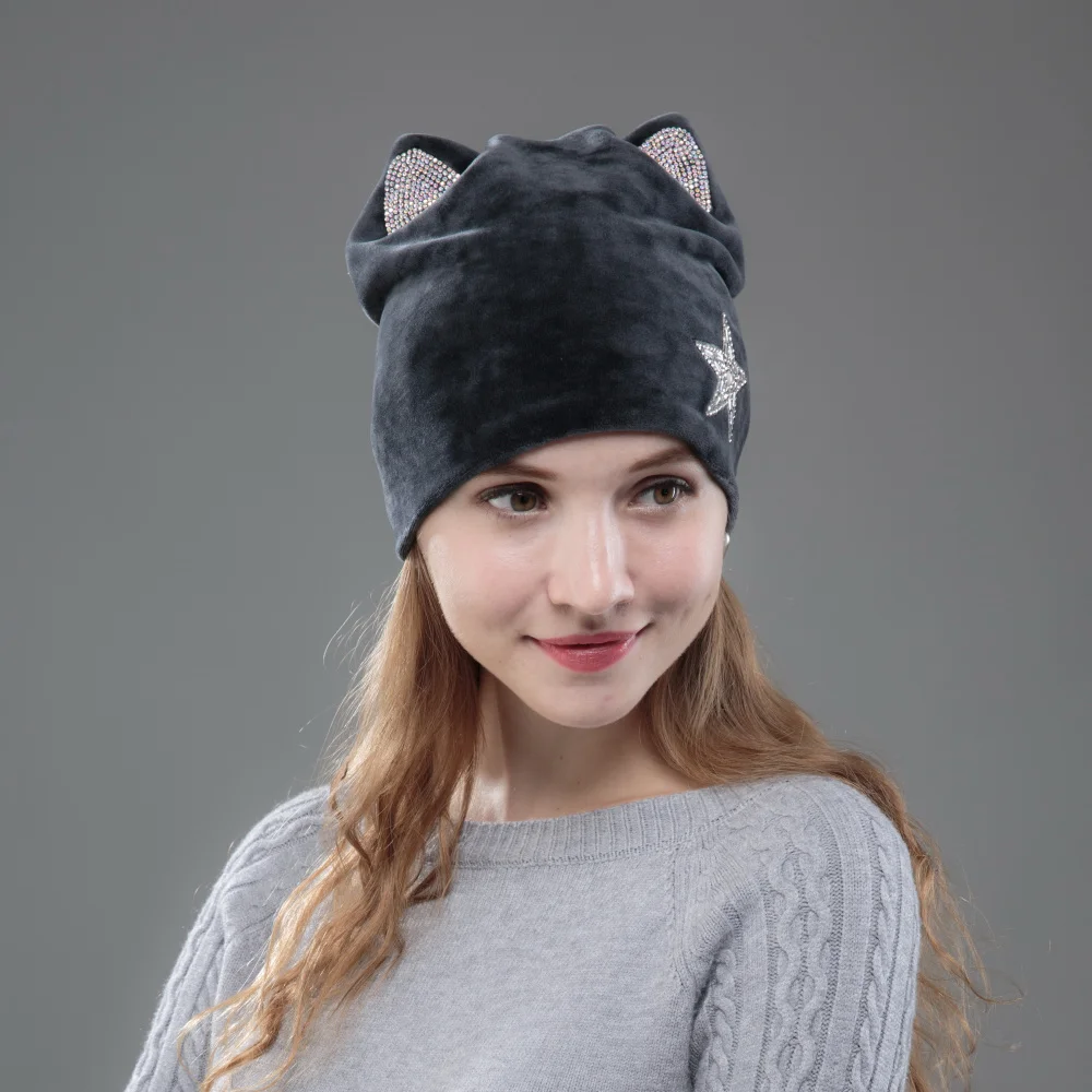 OHCOXOC дизайн женские шапочки Skullies принцесса девушка милая осенне-зимняя шапка с кошачьими ушками блестящая Звезда со стразами