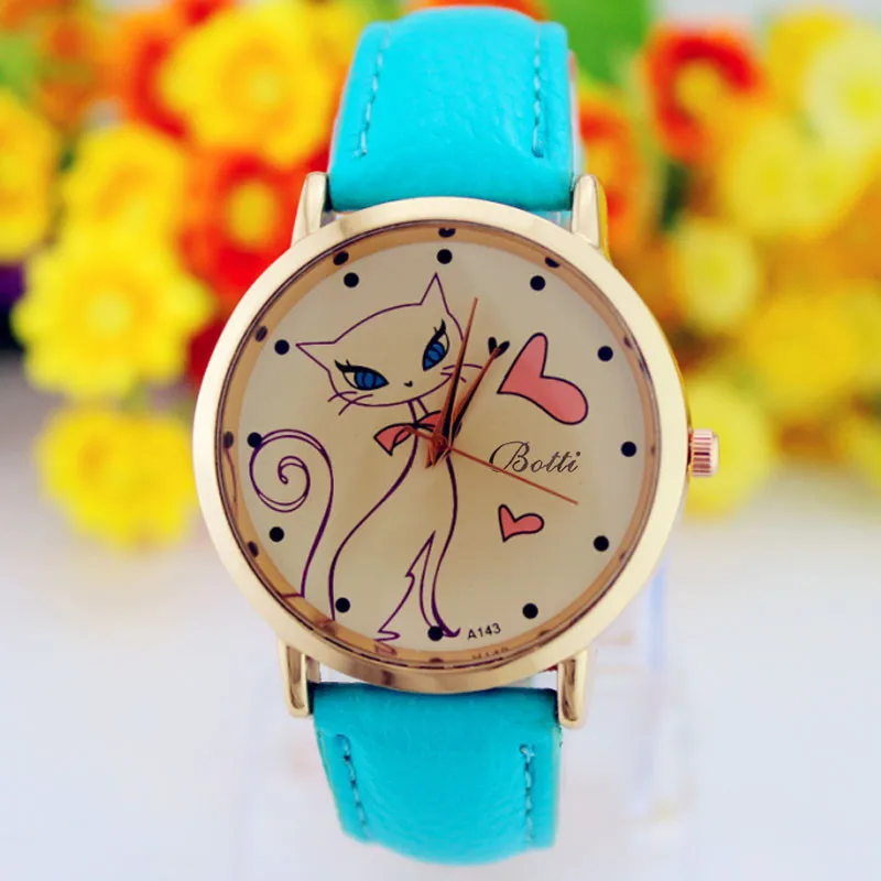 Модные женские искусственный кожаный полосатый ремешок с узором Love cat Dial Relogio feminino Аналоговые кварцевые наручные часы Cat женские часы B40