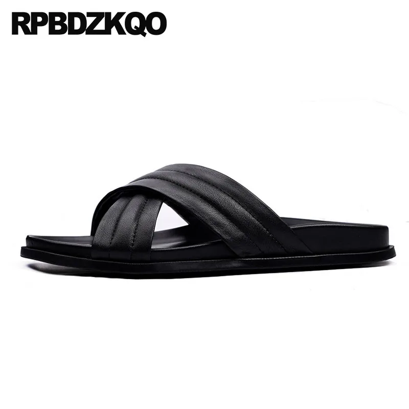 Beach Slip On Casual Designer Shoes Flat Genuine Leather Black Men Sandals Summer Open Toe Famous Brand Slippers 2021 Slides