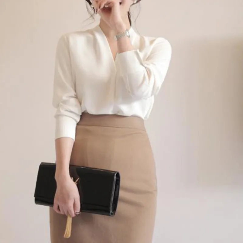 Женская шифоновая рубашка с V образным вырезом и длинным рукавом| |