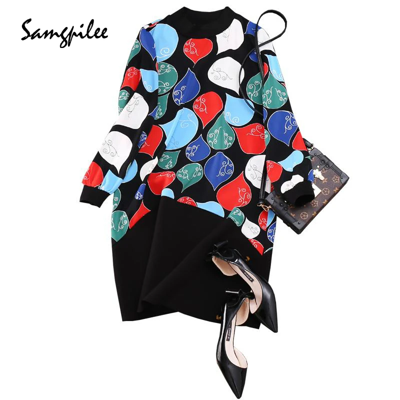 2018 новые зимние Samgpilee Повседневное A Line печать полный рукав аппликации до колена