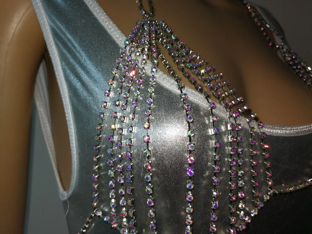 

New Fashion Style WRB980 Women Silver Chains Colorful Rhinestone Chains Jewelry Sexy Rhinestone Bra Chains Jewelry 2 Colors