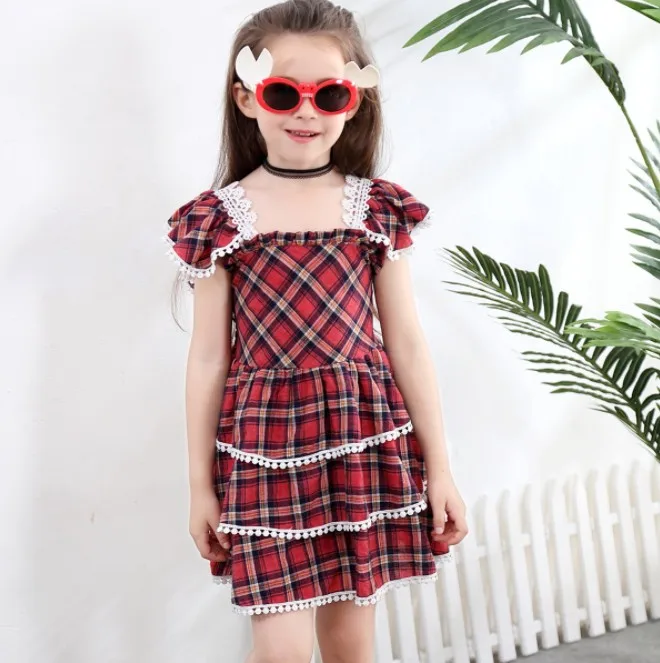 1166#Dress Birthday Cake Girl Baby Dress Red Plaid Three-layer Lace Ruffled Princess Lattice | Детская одежда и обувь