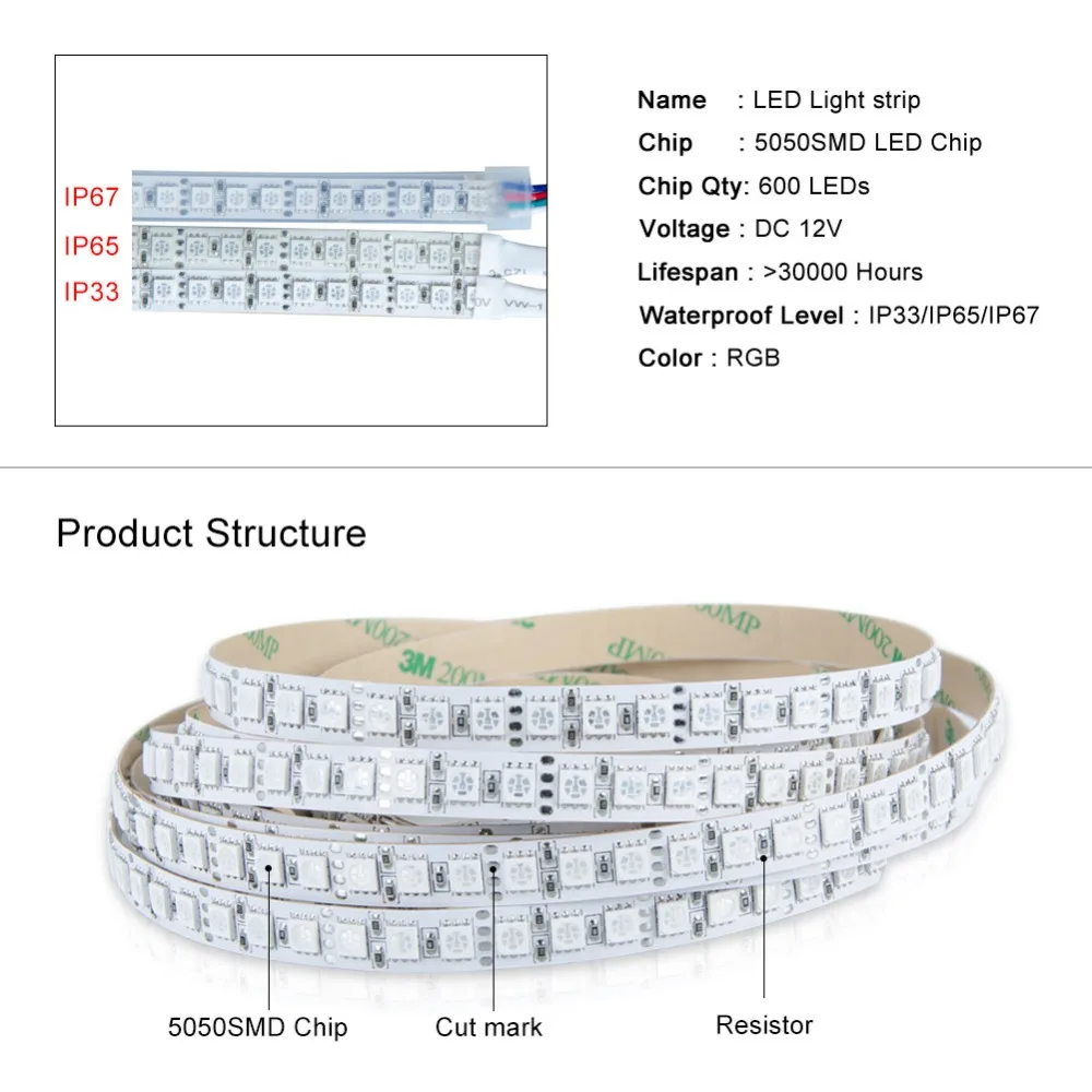Светодиодная лента 5050 SMD RGB на 12 В постоянного тока гибкая лампа-лента 5 м 600