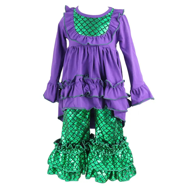 Purple Mermaid Pants Комплект одежды для девочек детские рубашки с рюшами, платье и штаны, комплект из 2 предметов для малышей, топ с рюшами и расклешенными штанами комплекты одежды для девочек - Цвет: Purple Mermaid Pants