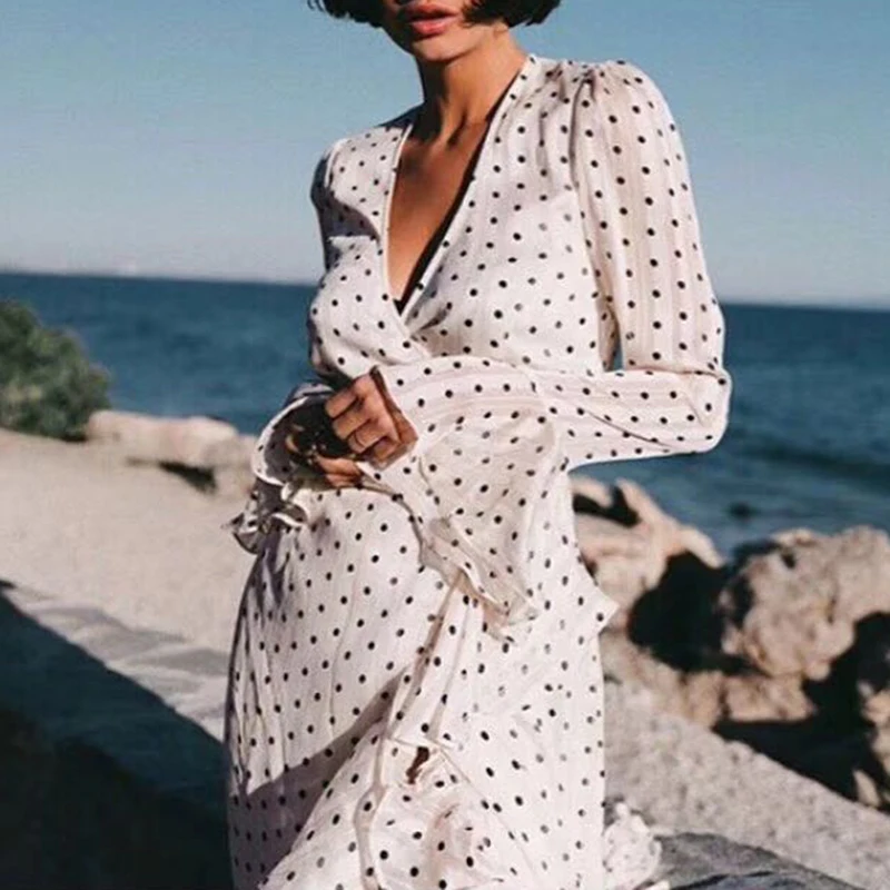 Женское платье в горошек Корейском стиле с v образным вырезом длинным