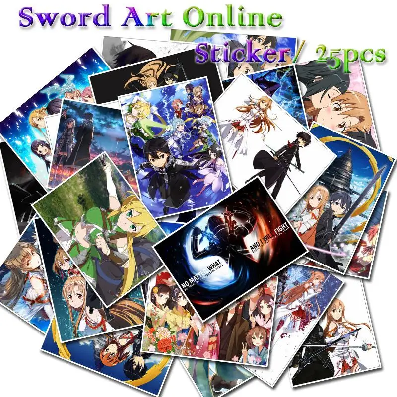 25 шт./компл. мультфильм аниме Sword Art Online Стикеры для катания на скейтборде/ноутбука/для катания на сноуборде/холодильник/серфинга Водонепроницаемый ПВХ Виниловые наклейки в виде Фотообоев c переводными картинками