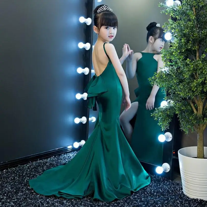 

Sexy Green Halter Girl Dress Child Models Catwalk Slim Mermaid Evening Dress T stage Show Modis Kids Clothes Vestidos Y1112