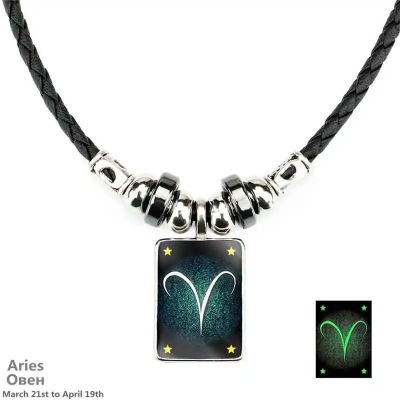 Aries Новинка, 12 созвездий, светящееся кожаное ожерелье для мужчин,, ювелирное изделие, ожерелье зодиака, кулон для мужчин, мальчиков, женщин, девочек, подарки на день рождения - Окраска металла: Aries