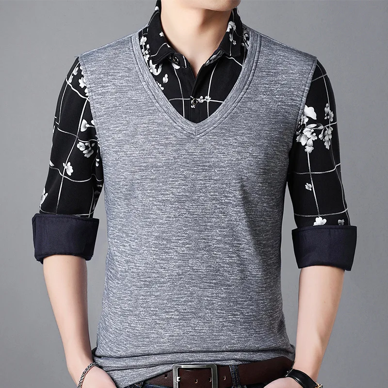 2018 новые мужские Поддельные 2 шт. вязаные свитера Рубашка с длинными рукавами