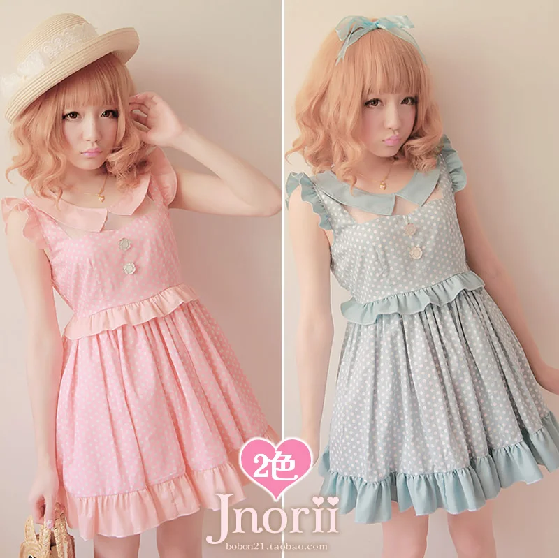 

Sweet lolita princess royal BOBON 21 pink ruffled pleated sleeve gauze patchwork polka dot polka dot one-piece dress d0794