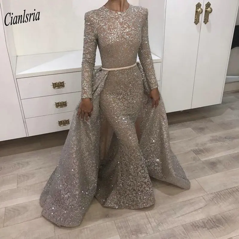 Элегантное Вечернее Платье с круглым вырезом и длинным рукавом расшитое