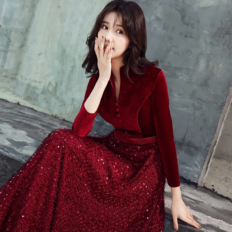 Burgundy Summer Dress Women Vintage Standing Collar Nine-point Sleeve Shining Sequined Maxi Elegant Bride Long Party | Женская одежда