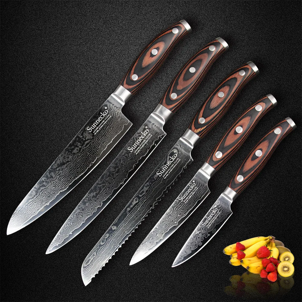 

Sunnecko 5PCS 73 Layers Damascus Kitchen Knives Set Japanese VG10 Knife Chef Utility Slicer Paring Bread Sharp Knife Cutter Tool